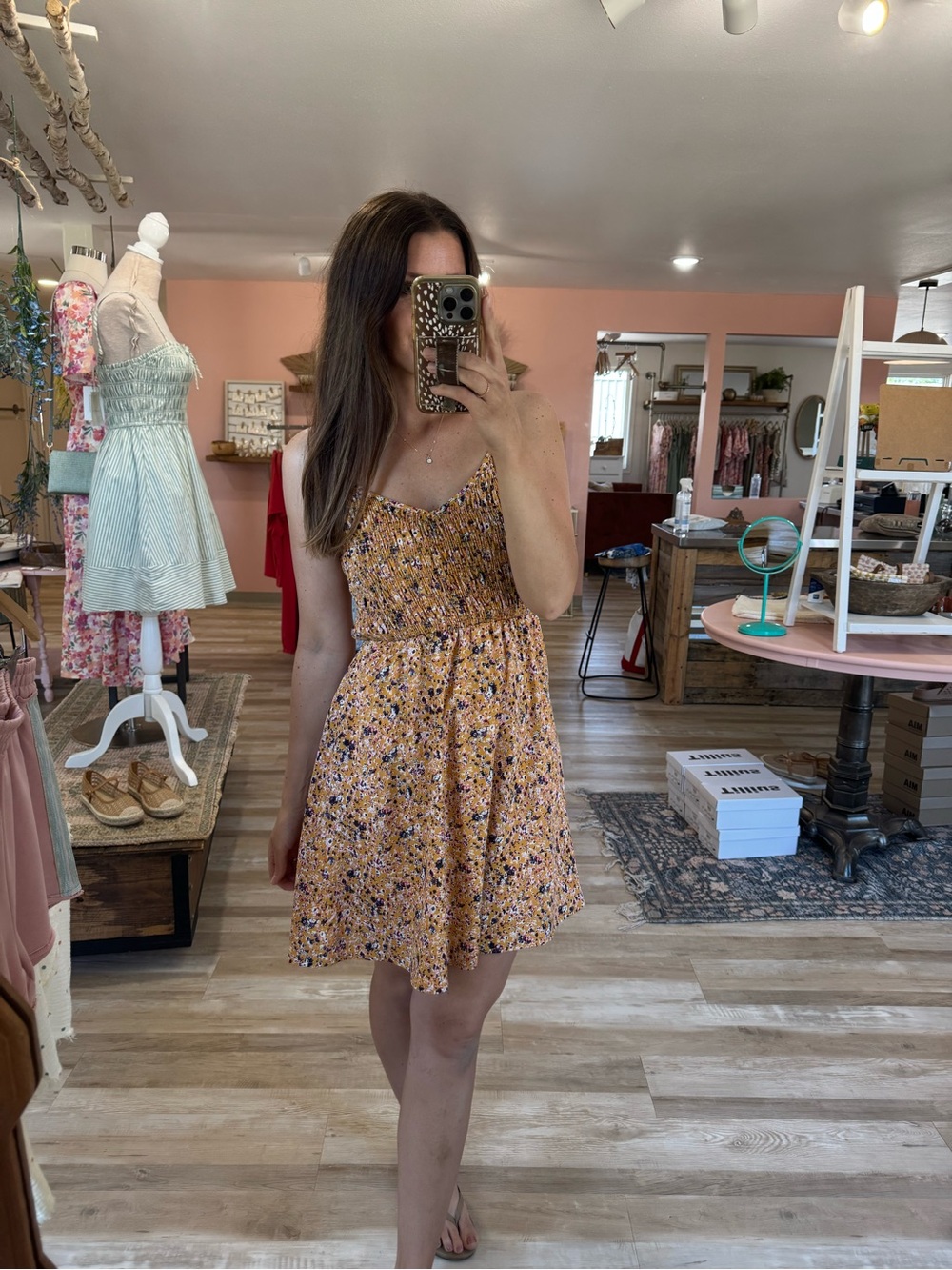 Peach Love California Yellow Floral Smocked Mini Dress
